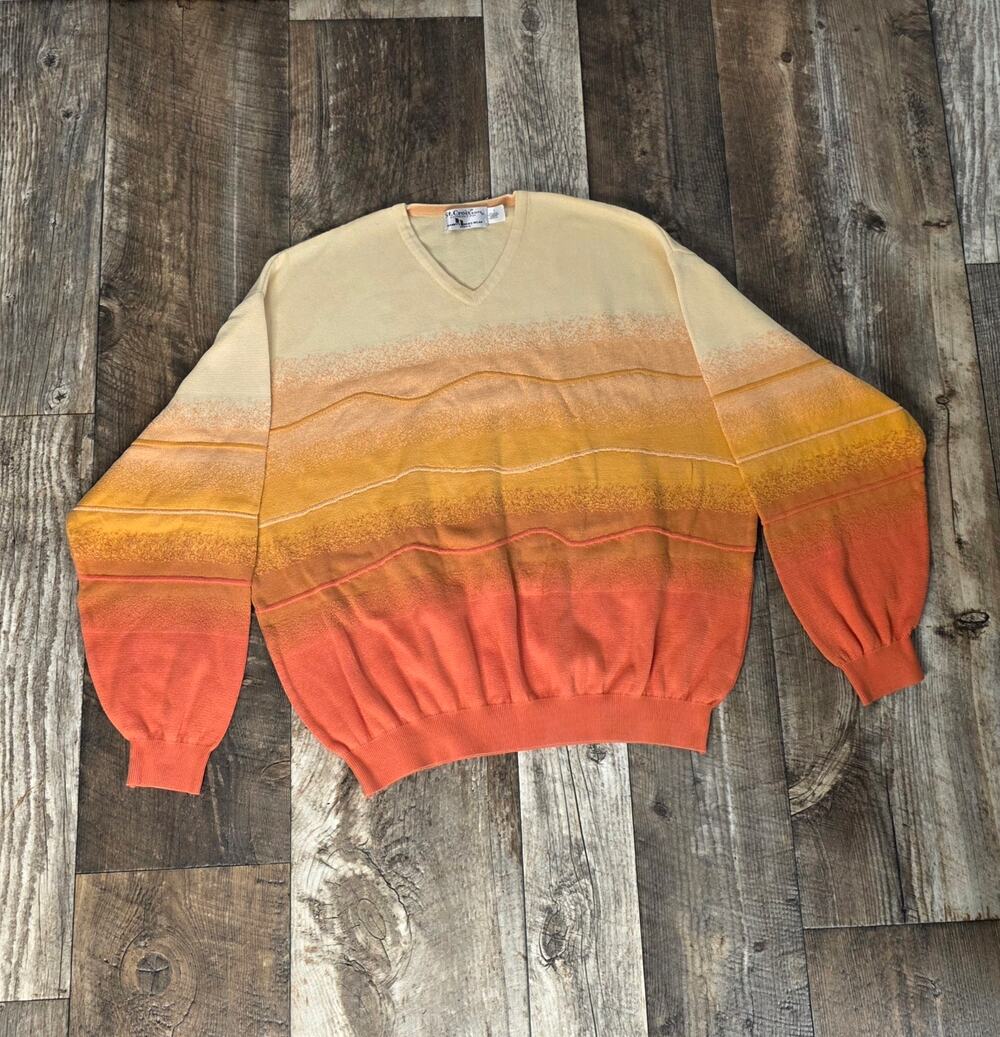 Vintage St Croix V Neck Sweater Mens L Orange Yellow Ombre 3D Knit Cotton USA